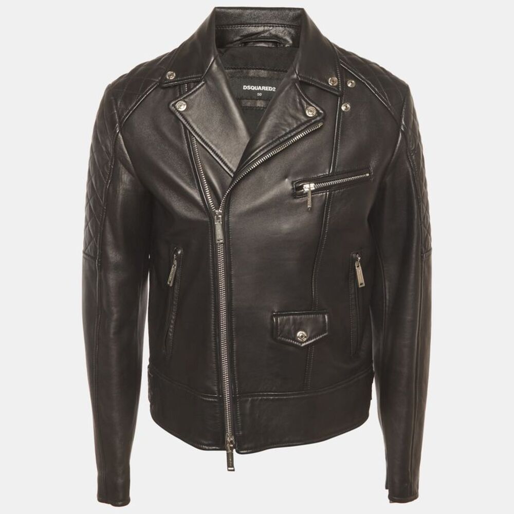 Dsquared2 Black Quilted Detail Leather Biker Jacket L